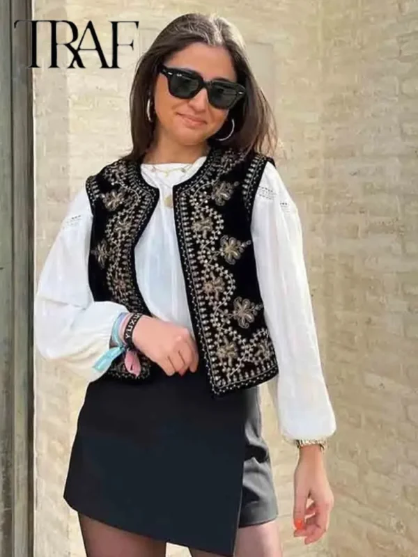 TRAF Vintage Embroidered Vest Sleeveless Jacket Women
