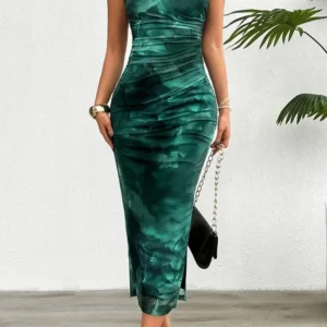 Spring Summer Printed Round Neck Sleeveless Slim Dress with Split