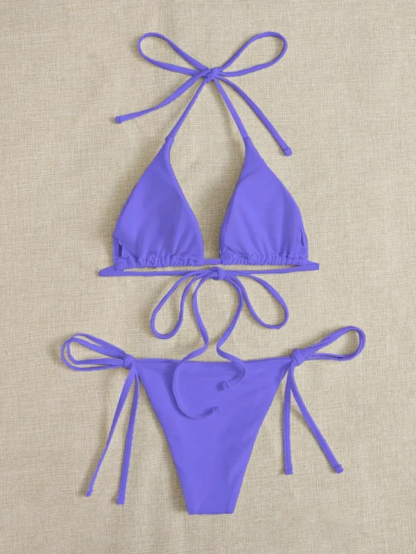 Solid color three-point bikini strap-on women's swimsuit set - Image 2