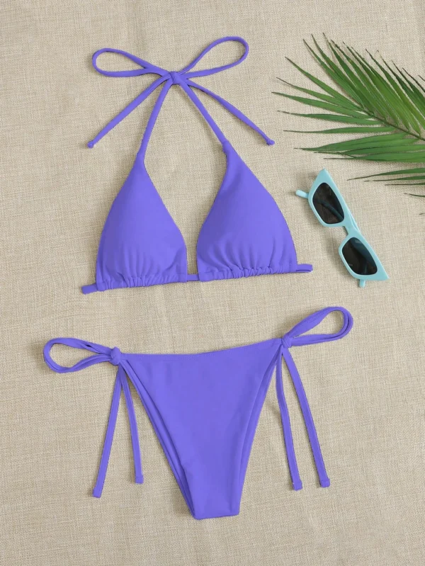 Solid color three-point bikini strap-on women's swimsuit set - Image 4